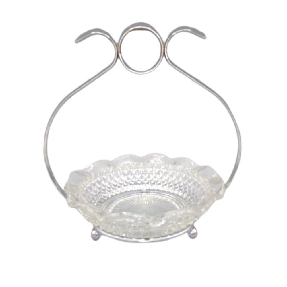 Diamond Point Cut Glass Silver tone Frame Ruffled Condiment Dish Early Vtg
